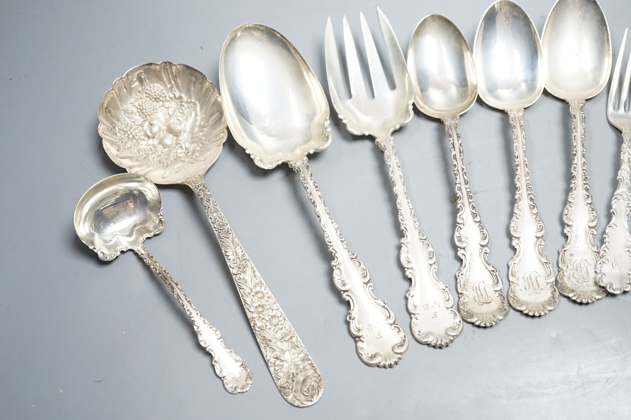 A small group of ornate American sterling flatware, 20.5oz.